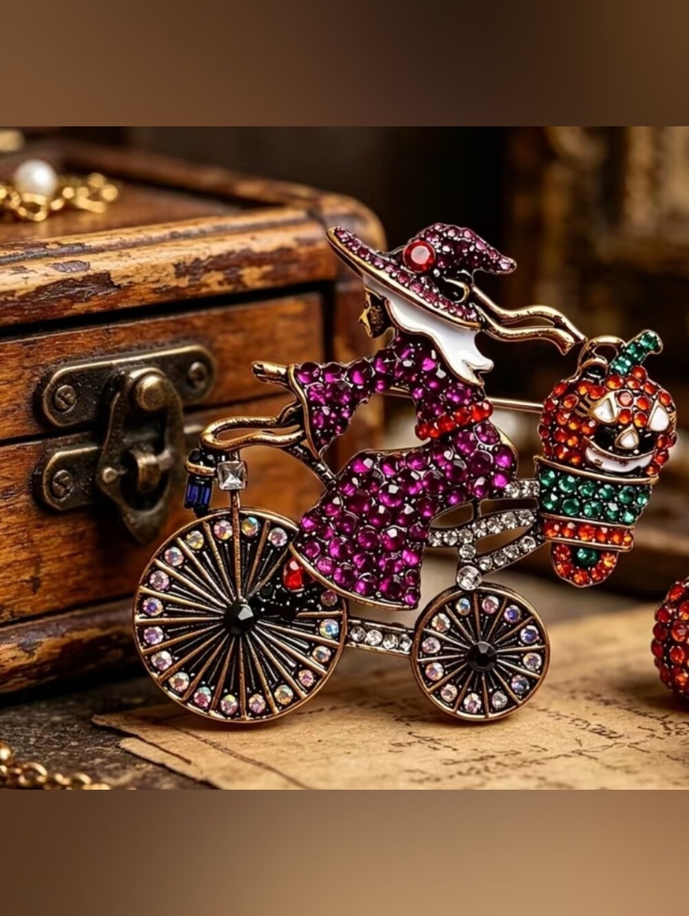 Purple Crystal Witch on Bicycle Brooch - Decorative Women’s Accessory